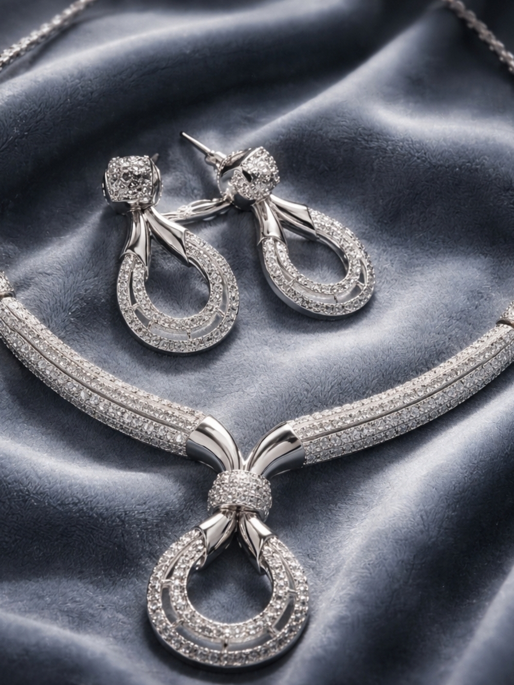 Elegant Silver-Tone Cubic Zirconia Hoop Pendant Necklace & Earrings Set
